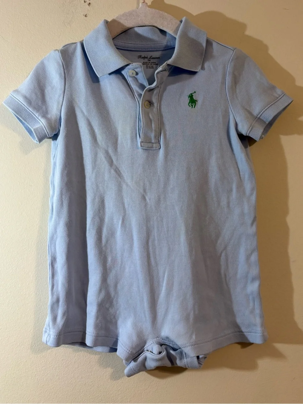 Ralph Lauren shortall boys 9 month Light Blue Polo One piece Green Pony romper